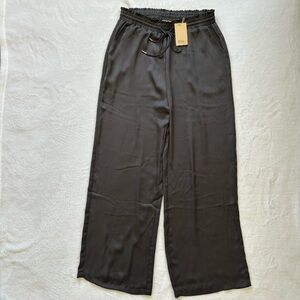 ELIE TAHARI Wide Leg Black Satin Drawstring Trousers--L